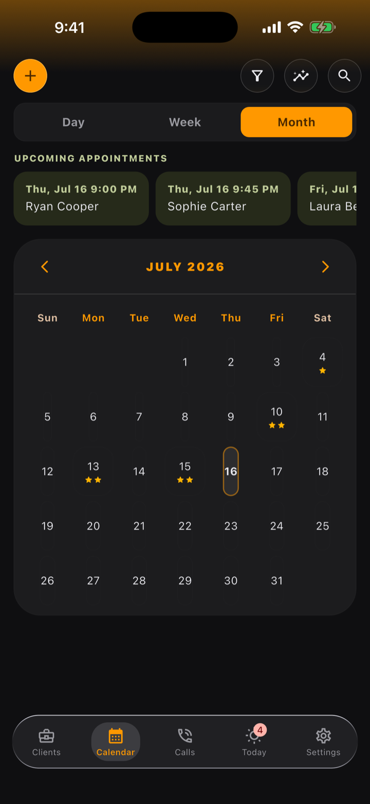 Calendar in month view: stars on the days with a sale and the upcoming appointments up front.