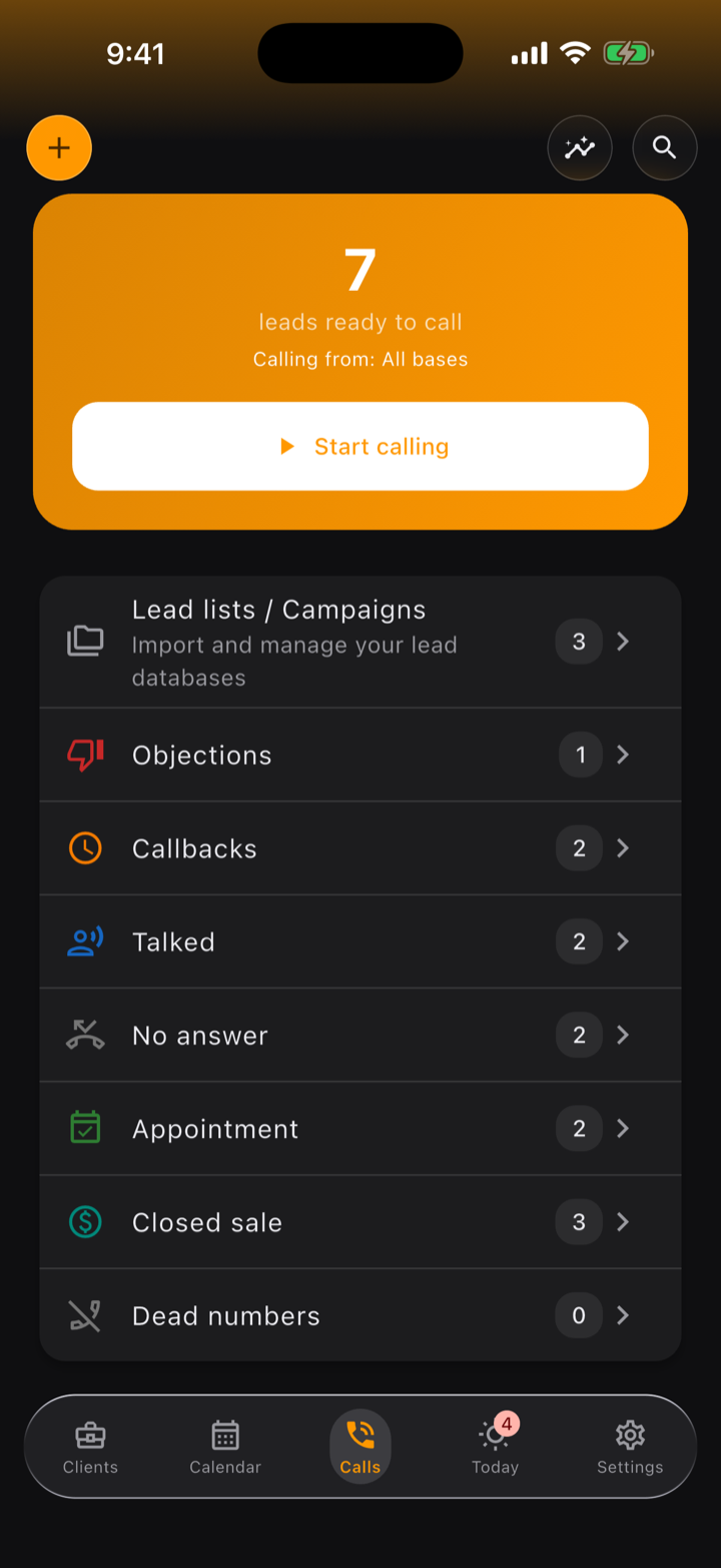 Calls screen: 7 leads ready to dial from every list, plus the outcome breakdown — reached, appointments, closed sales and dead numbers.