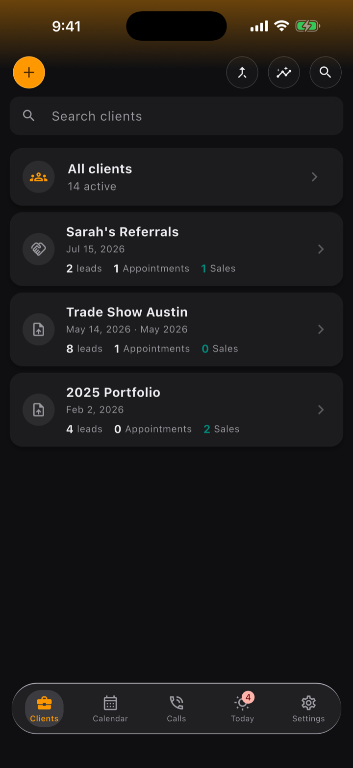 Clients screen: lead lists with their numbers — referrals, trade show and portfolio — each showing leads, appointments and sales.