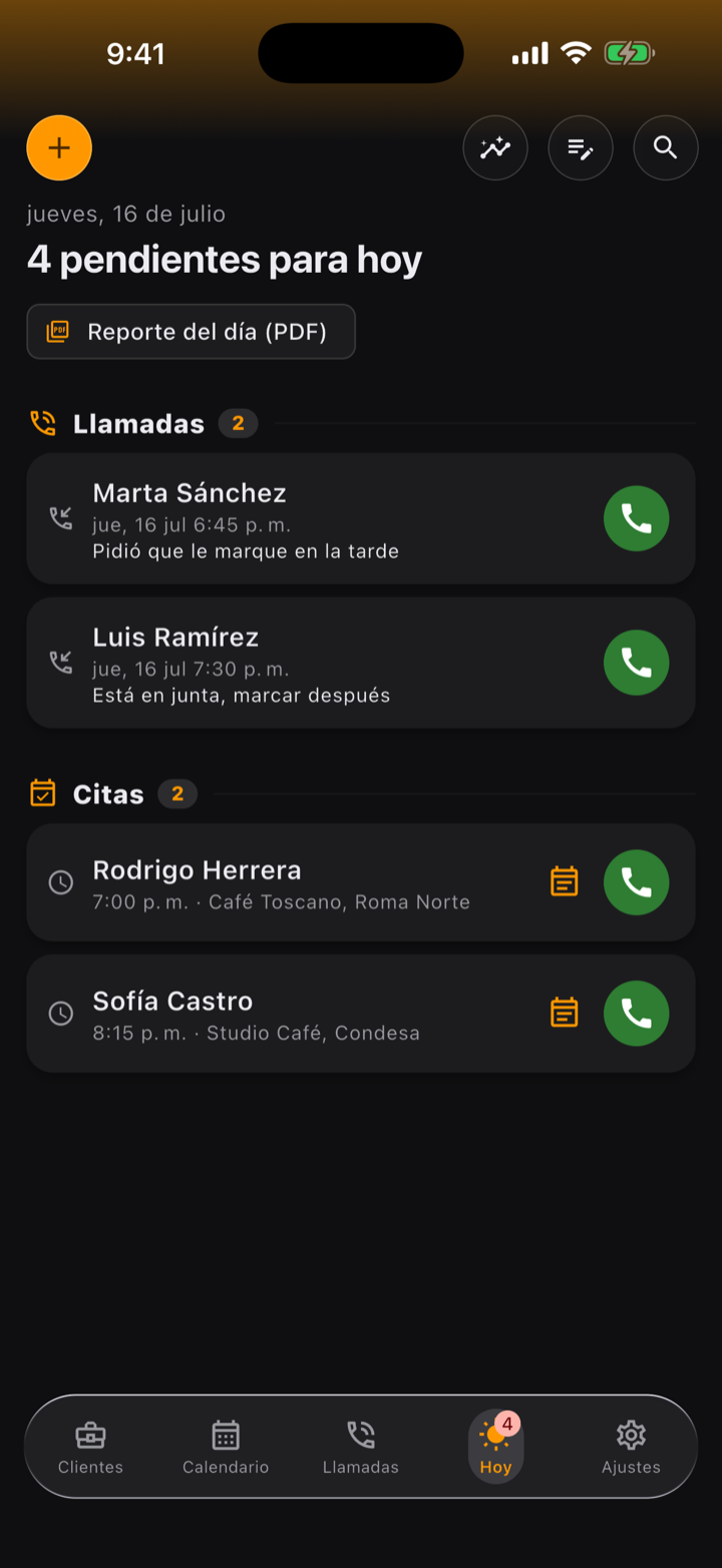 Pantalla Hoy de FuaFlow CRM: 4 pendientes del día — dos llamadas con su nota y dos citas con hora y lugar, cada una con botón para marcar.