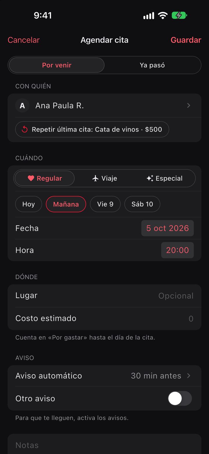 Agendar cita: con quién, cuándo (hoy, mañana o el día que elijas), dónde y el aviso automático 30 minutos antes.