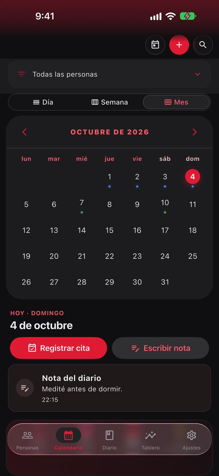 Calendario del mes con tus citas y, debajo, el día: registrar una cita o escribir una nota.