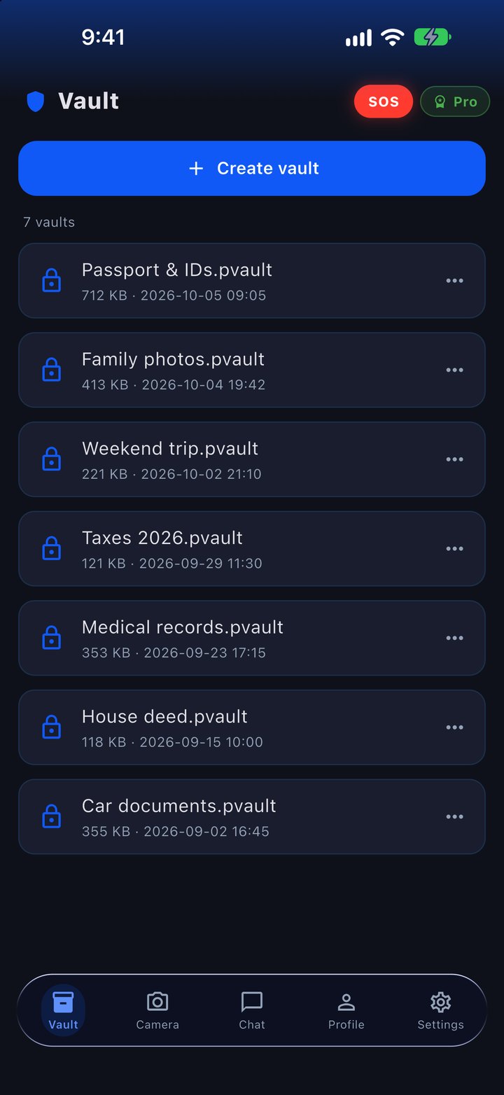 FuaFlow Vault&rsquo;s Vault tab: the &ldquo;Create vault&rdquo; button and seven encrypted vaults — passport and IDs, family photos, taxes, medical records and more — each with a &ldquo;⋯&rdquo; button for its actions.