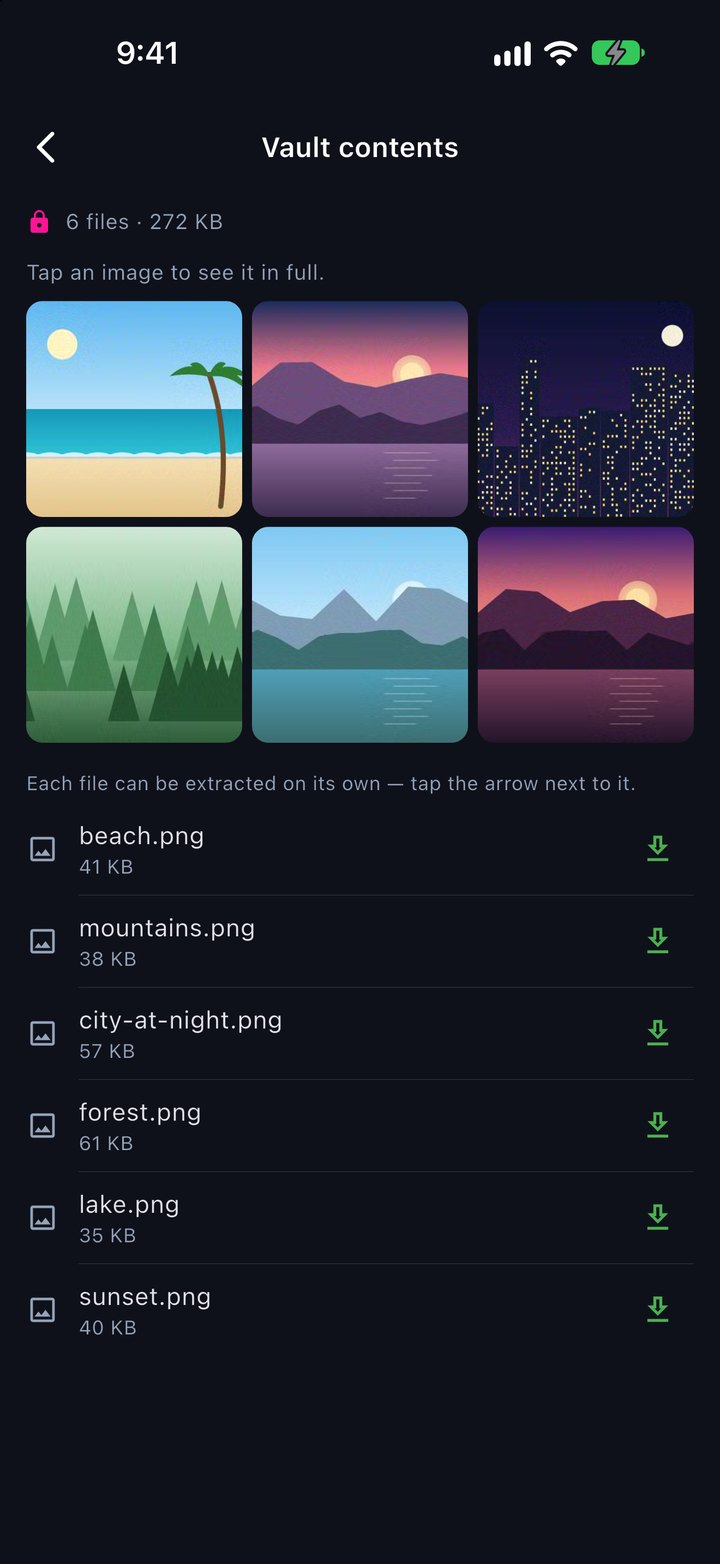 Contents of the &ldquo;Family photos&rdquo; vault: thumbnails of its six images and the file list, each with an arrow to extract it on its own.