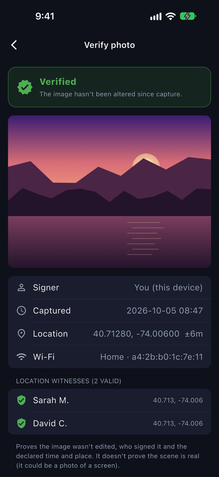 Verify photo: &ldquo;Verified — the image hasn&rsquo;t been altered since capture&rdquo;, with who signed it, the time, the location, the Wi-Fi network and two valid location witnesses.