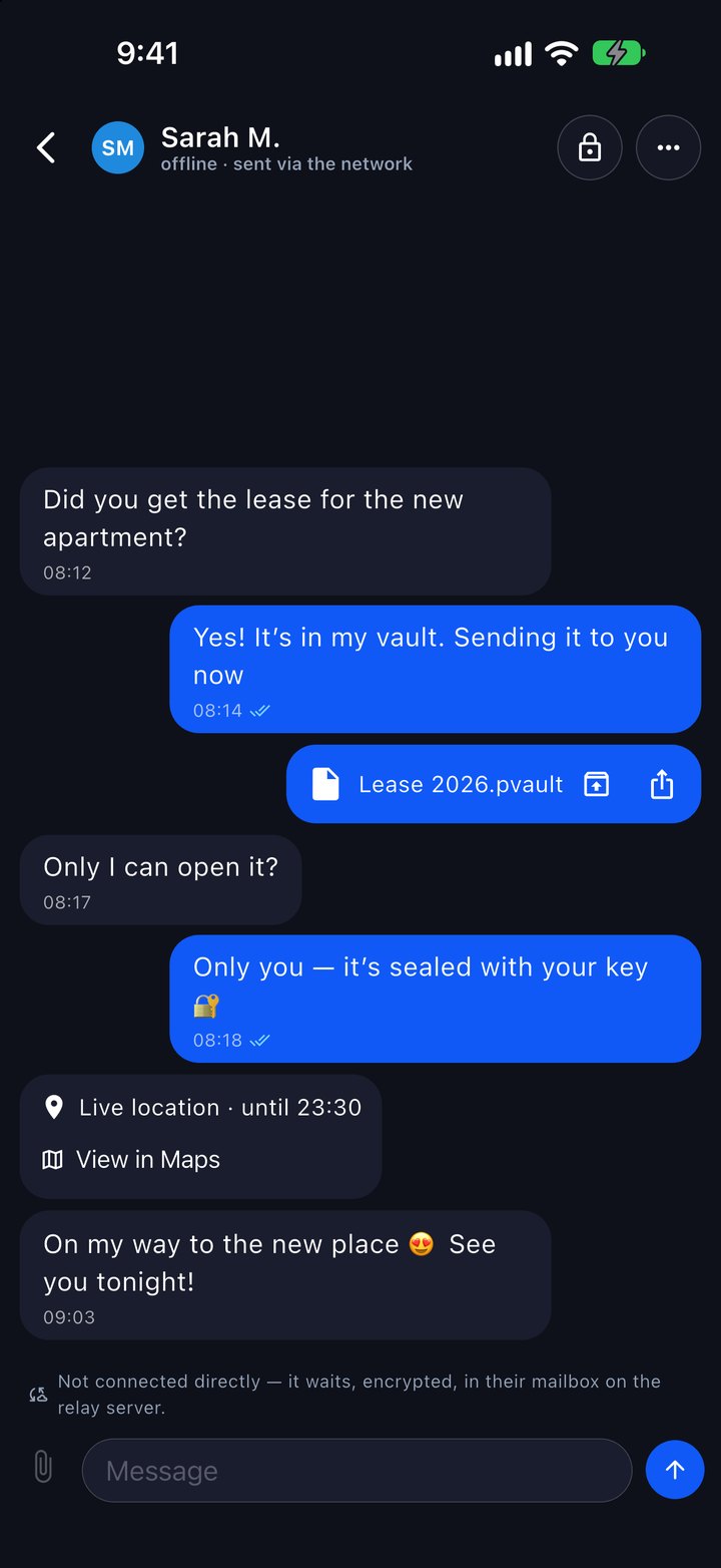 Chat with Sarah: the lease in a vault sealed with her key, a live location until 23:30 and the note that, without a direct connection, the message waits encrypted in her mailbox on the relay server.