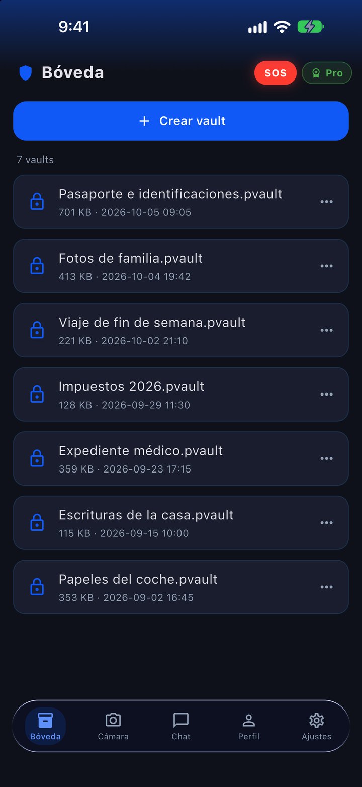 Bóveda de FuaFlow Vault: el botón «Crear vault» y siete vaults cifrados — pasaporte, fotos de familia, impuestos, expediente médico y más —, cada uno con su botón «⋯» de acciones.