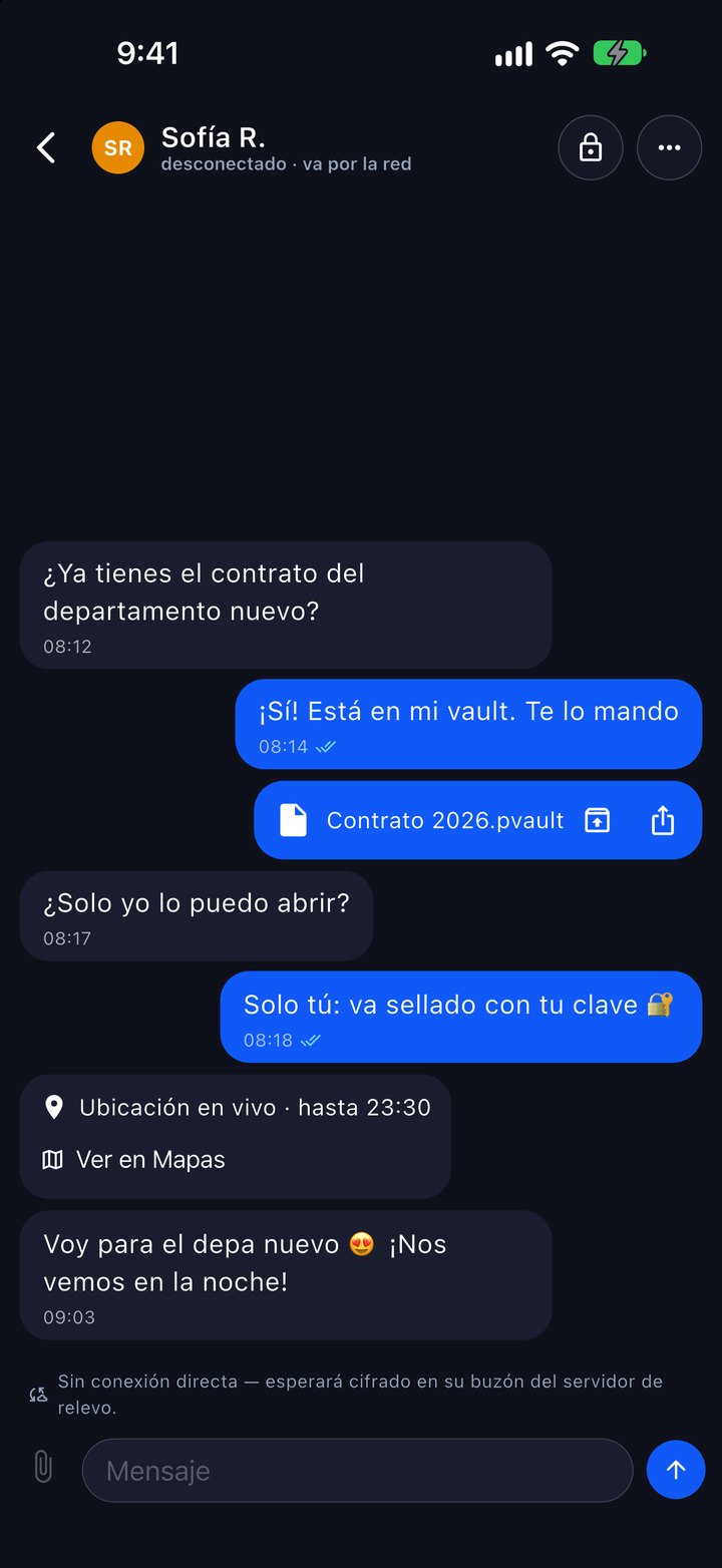 Chat con Sofía: el contrato en un vault sellado con su clave, una ubicación en vivo hasta las 23:30 y el aviso de que, sin conexión directa, el mensaje espera cifrado en su buzón del servidor de relevo.